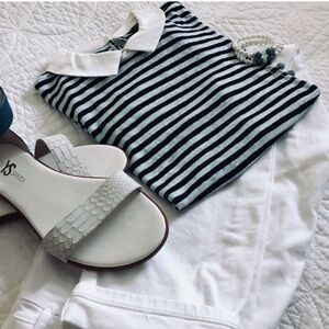 Ann Taylor Navy and Teal stripe T w/ White Collar